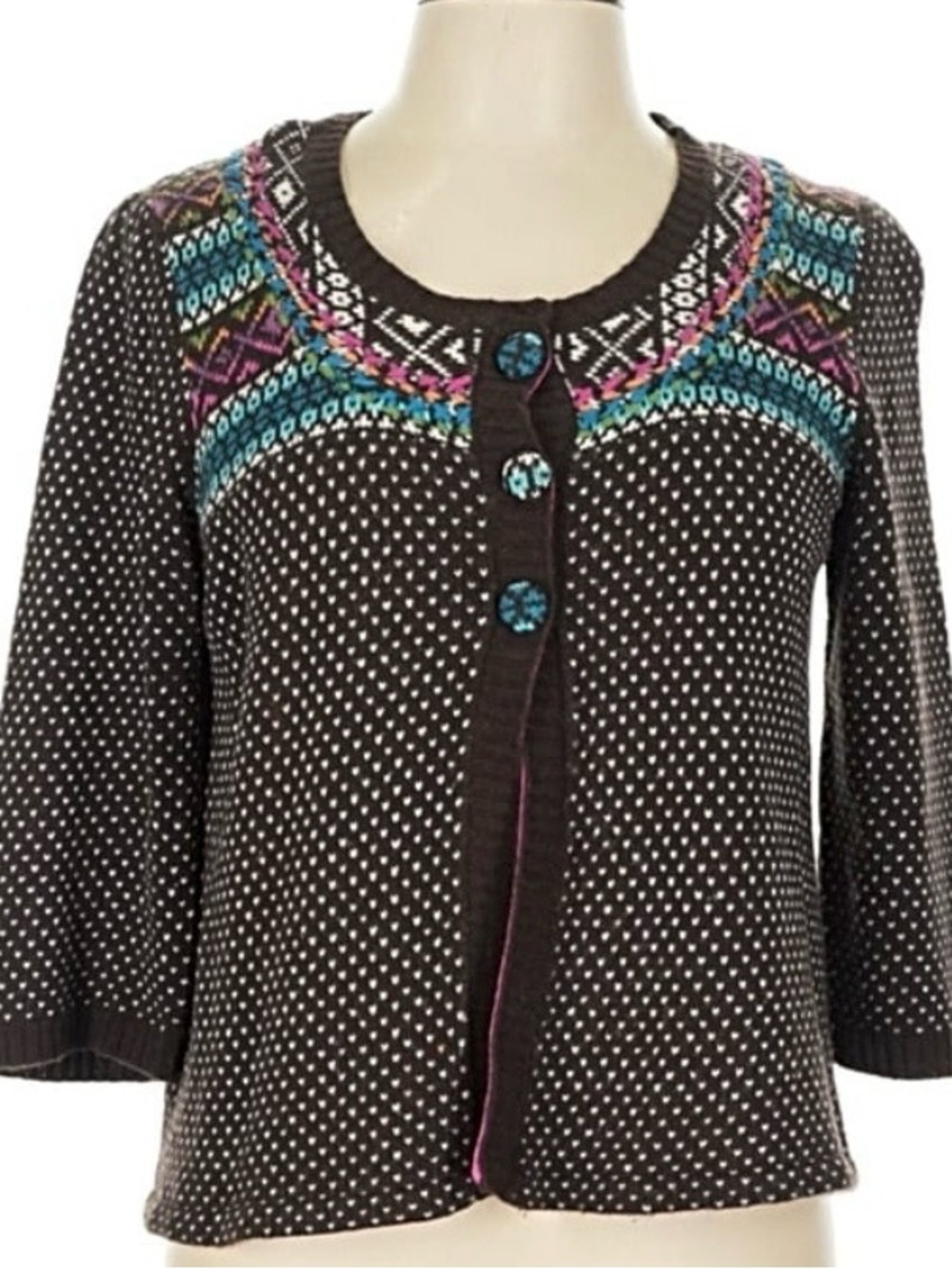 Women’s Brown Patterned Button Cardigan with Multicolor Yoke